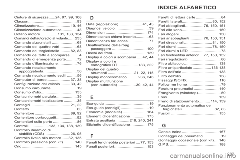 Peugeot 308 CC 2013.5  Manuale del proprietario (in Italian) 257
INDICE ALFABETICO
308cc_it_Chap13_index visuel et alpha_ed01-2013_CA1
Data (regolazione) ......................41, 43
Diagnosi veicolo ...............................39
Dimensioni ................