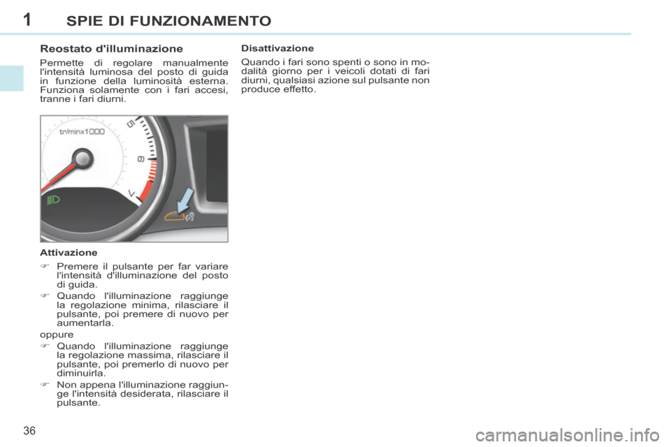 Peugeot 308 CC 2013.5  Manuale del proprietario (in Italian) 1
36
SPIE DI FUNZIONAMENTO
          Reostato dilluminazione 
 Permette di regolare manualmente 
lintensità luminosa del posto di guida 
in funzione della luminosità esterna. 
Funziona solamente c