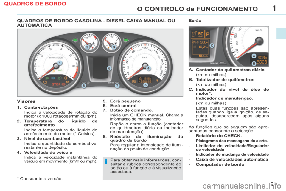 Peugeot 308 CC 2013.5 Manual do proprietário (in Portuguese) 1
i
21
O CONTROLO de FUNCIONAMENTO
QUADROS DE BORDO GASOLINA - DIESEL CAIXA MANUAL OU AUTOMÁTICA
5. Ecrã pequeno
6. Ecrã central
7. Botão de comando .
Inicia um CHECK manu Peugeot 308 CC 2013.5 Manual do proprietário (in Portuguese) 1
i
21
O CONTROLO de FUNCIONAMENTO
QUADROS DE BORDO GASOLINA - DIESEL CAIXA MANUAL OU AUTOMÁTICA
5. Ecrã pequeno
6. Ecrã central
7. Botão de comando .
Inicia um CHECK manu