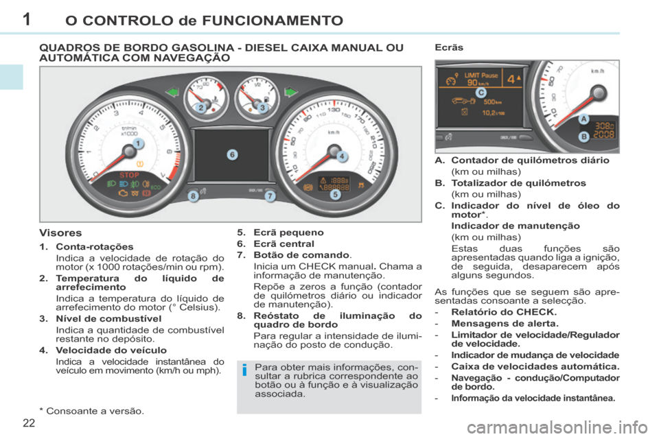 Peugeot 308 CC 2013.5 Manual do proprietário (in Portuguese) 1
i
22
O CONTROLO de FUNCIONAMENTO
QUADROS DE BORDO GASOLINA - DIESEL CAIXA MANUAL OU AUTOMÁTICA COM NAVEGAÇÃO
* Consoante a versão.
Visores
1. Conta-rotações
Indica a Peugeot 308 CC 2013.5 Manual do proprietário (in Portuguese) 1
i
22
O CONTROLO de FUNCIONAMENTO
QUADROS DE BORDO GASOLINA - DIESEL CAIXA MANUAL OU AUTOMÁTICA COM NAVEGAÇÃO
* Consoante a versão.
Visores
1. Conta-rotações
Indica a