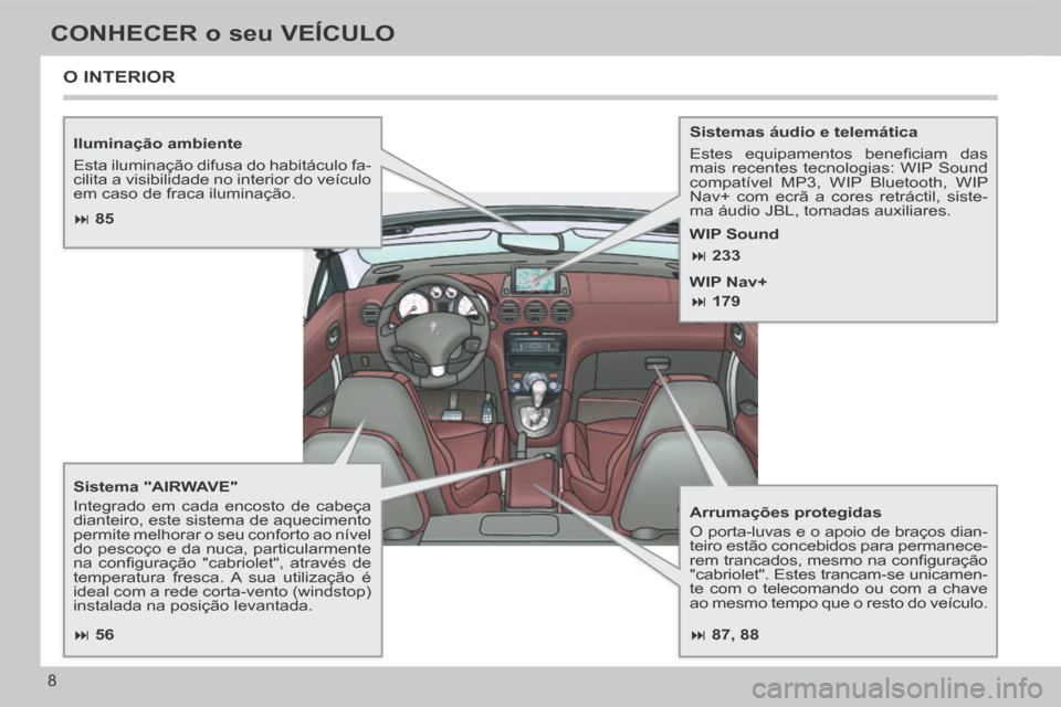Peugeot 308 CC 2013.5 Manual do proprietário (in Portuguese) 87, 88
85
56
233
179
8
CONHECER o seu VEÍCULO
Iluminação ambiente
Esta iluminação difusa do habitáculo fa-
cilita a visibilidade no interior do veículo
em caso de frac Peugeot 308 CC 2013.5 Manual do proprietário (in Portuguese) 87, 88
85
56
233
179
8
CONHECER o seu VEÍCULO
Iluminação ambiente
Esta iluminação difusa do habitáculo fa-
cilita a visibilidade no interior do veículo
em caso de frac