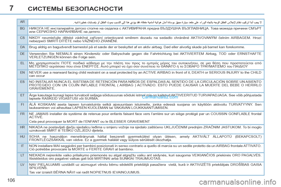 Peugeot 308 CC 2013.5 Инструкция по эксплуатации (in Russian) 7
AR
BG
НИКОГА НЕ инсталирайте детско столче на седалка с АКТИВИРАНА предна ВЪЗДУШНА ВЪЗГЛАВНИЦА. Това можеда п Peugeot 308 CC 2013.5 Инструкция по эксплуатации (in Russian) 7
AR
BG
НИКОГА НЕ инсталирайте детско столче на седалка с АКТИВИРАНА предна ВЪЗДУШНА ВЪЗГЛАВНИЦА. Това можеда п
