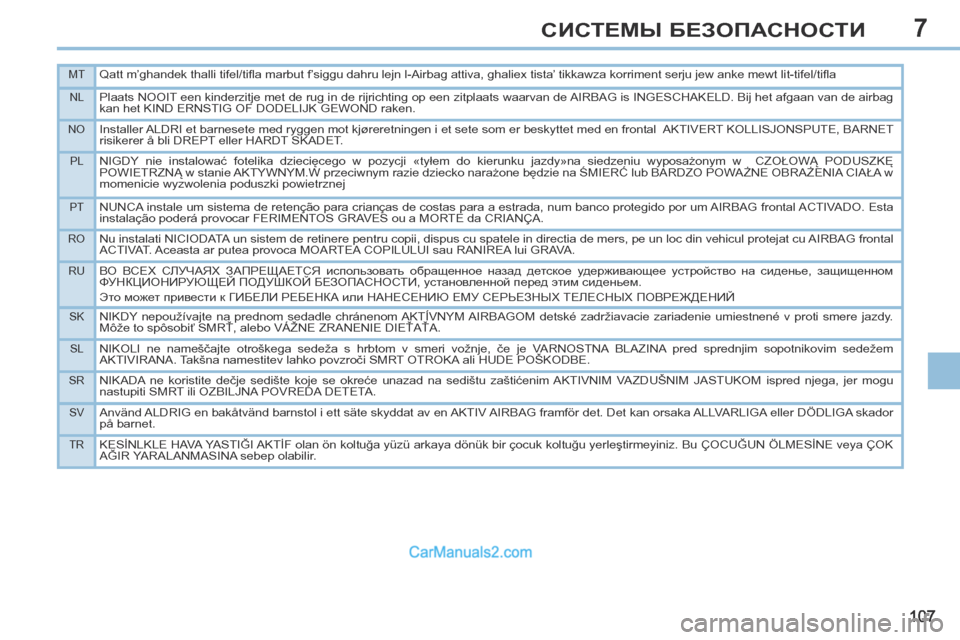 Peugeot 308 CC 2013.5 Инструкция по эксплуатации (in Russian) 7
MTQatt m’ghandek thalli tifel/tifl a marbut f’siggu dahru lejn l-Airbag attiva, ghaliex tista’ tikkawza korriment serju jew anke mewt lit-tifel/tifl a
NLPlaats NOOIT een kinderzitje met de r Peugeot 308 CC 2013.5 Инструкция по эксплуатации (in Russian) 7
MTQatt m’ghandek thalli tifel/tifl a marbut f’siggu dahru lejn l-Airbag attiva, ghaliex tista’ tikkawza korriment serju jew anke mewt lit-tifel/tifl a
NLPlaats NOOIT een kinderzitje met de r
