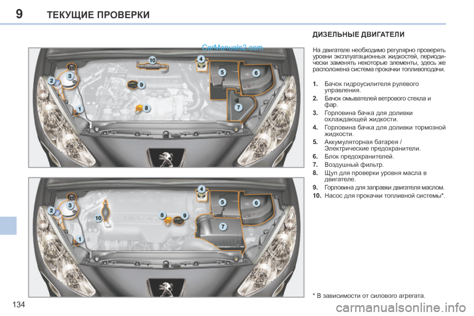 Peugeot 308 CC 2013.5  Инструкция по эксплуатации (in Russian) 9
134
ТЕКУЩИЕ ПРОВЕРКИ
ДИЗЕЛЬНЫЕ ДВИГАТЕЛИ 
 На двигателе необходимо регулярно проверять 
уровни  эксплуатацио