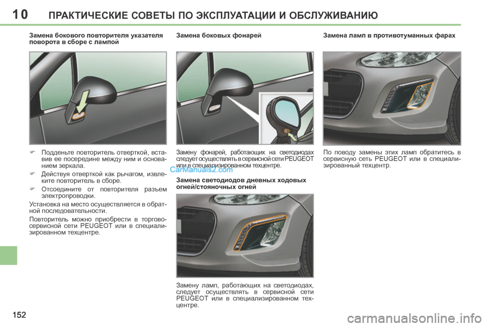 Peugeot 308 CC 2013.5  Инструкция по эксплуатации (in Russian) 10
152
ПРАКТИЧЕСКИЕ СОВЕТЫ ПО ЭКСПЛУАТАЦИИ И ОБСЛУЖИВАНИЮ
        
Замена ламп в противотуманных фарах 
 По  поводу 
