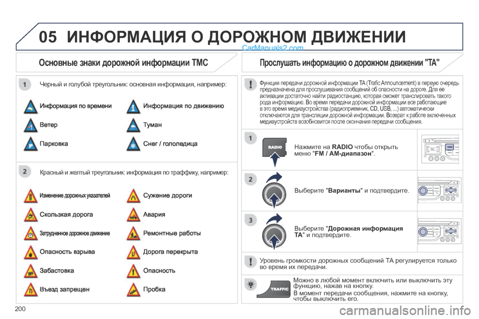 Peugeot 308 CC 2013.5 Инструкция по эксплуатации (in Russian) 05
200
Основные знаки дорожной информации TMC
Красный и желтый треугольник: информация по траффику, например:
Peugeot 308 CC 2013.5 Инструкция по эксплуатации (in Russian) 05
200
Основные знаки дорожной информации TMC
Красный и желтый треугольник: информация по траффику, например:
