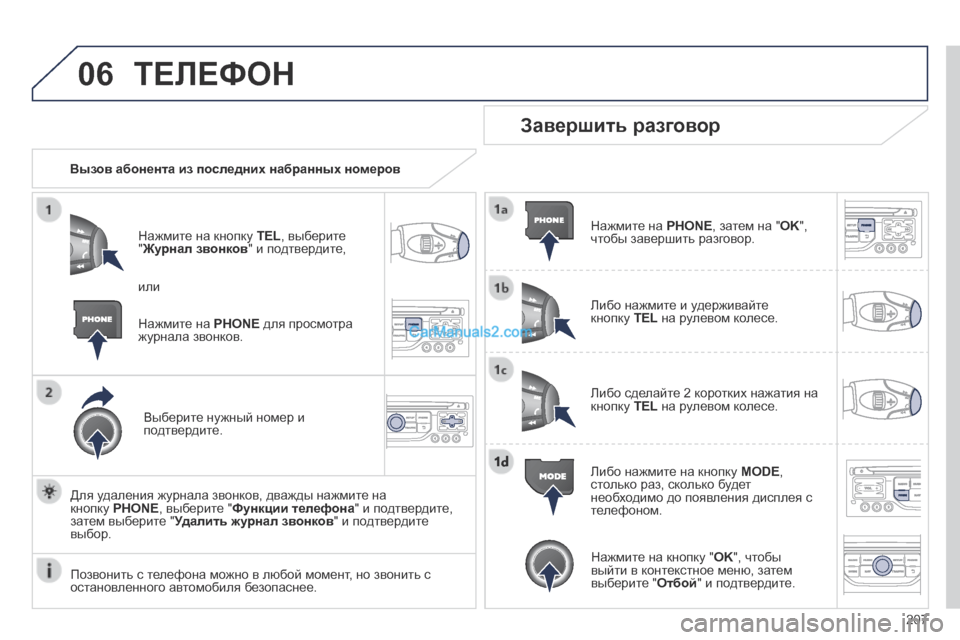 Peugeot 308 CC 2013.5  Инструкция по эксплуатации (in Russian) 06
207
 ТЕЛЕФОН 
   Вызов абонента из последних набранных номеров  
  Нажмите на кнопку  TEL , выберите " Журнал звонк