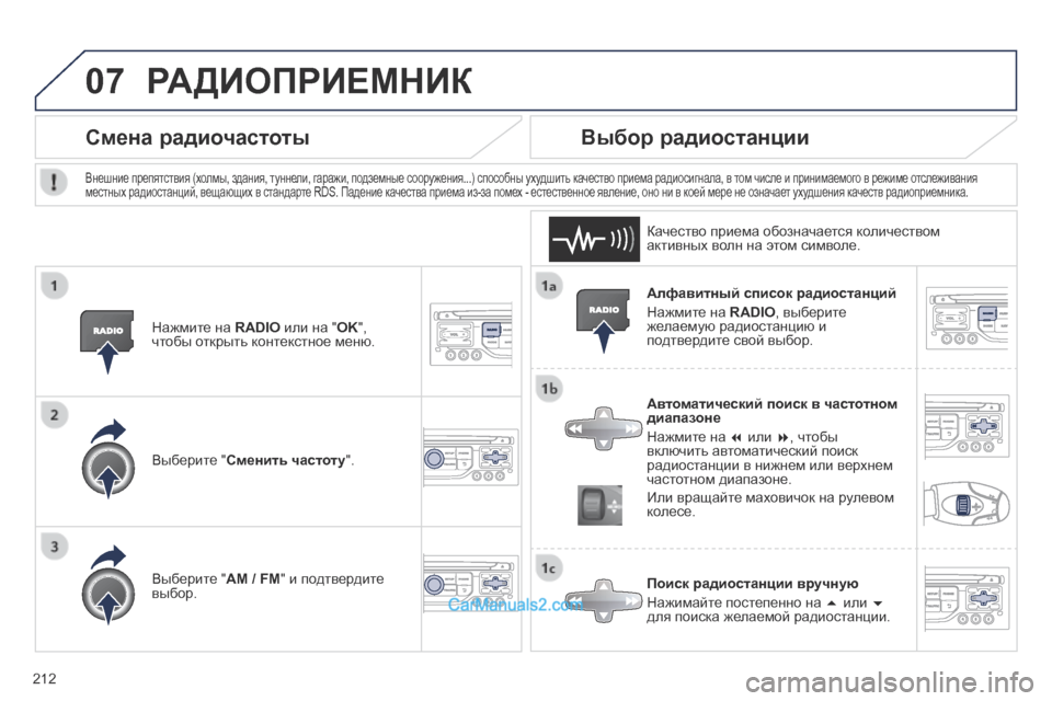 Peugeot 308 CC 2013.5 Инструкция по эксплуатации (in Russian) 07
212
Алфавитный список радиостанций
Нажмите на RADIO , выберите желаемую радиостанцию и подтвердите свой выб Peugeot 308 CC 2013.5 Инструкция по эксплуатации (in Russian) 07
212
Алфавитный список радиостанций
Нажмите на RADIO , выберите желаемую радиостанцию и подтвердите свой выб