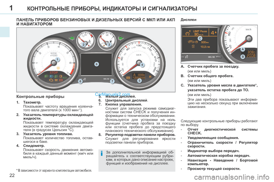 Peugeot 308 CC 2013.5 Инструкция по эксплуатации (in Russian) 1
i
22
КОНТРОЛЬНЫЕ ПРИБОРЫ, ИНДИКАТОРЫ И СИГНАЛИЗАТОРЫ
ПАНЕЛЬ ПРИБОРОВ БЕНЗИНОВЫХ И ДИЗЕЛЬНЫХ ВЕРСИЙ С МКП ИЛИ Peugeot 308 CC 2013.5 Инструкция по эксплуатации (in Russian) 1
i
22
КОНТРОЛЬНЫЕ ПРИБОРЫ, ИНДИКАТОРЫ И СИГНАЛИЗАТОРЫ
ПАНЕЛЬ ПРИБОРОВ БЕНЗИНОВЫХ И ДИЗЕЛЬНЫХ ВЕРСИЙ С МКП ИЛИ