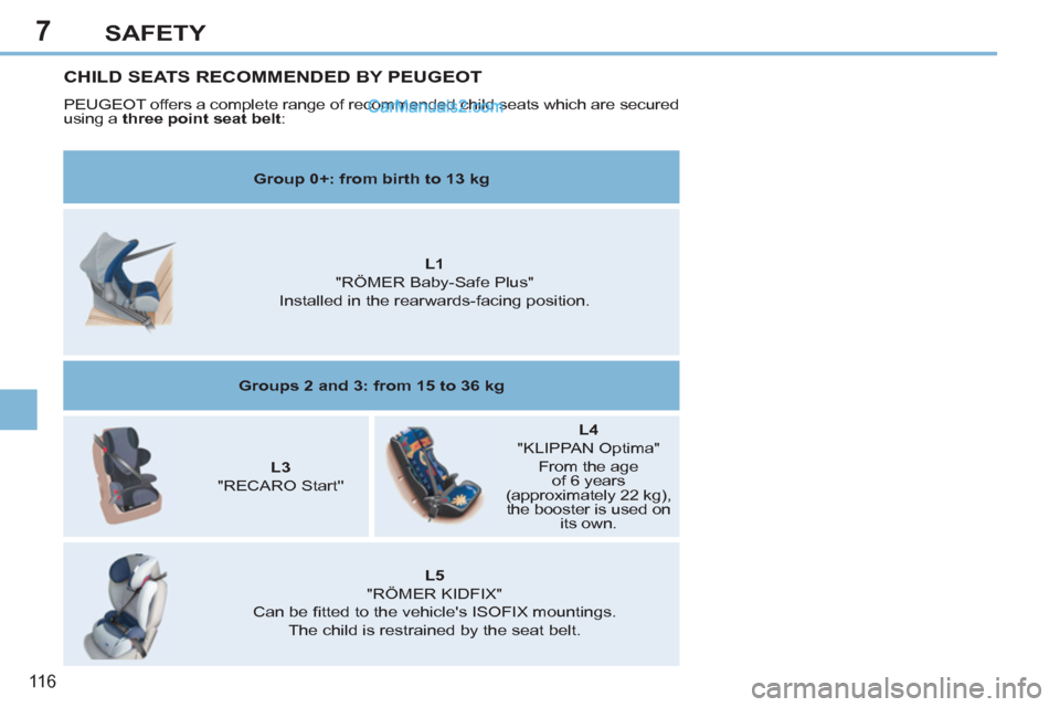 Peugeot 308 CC 2011  Owners Manual 7
11 6
SAFETY
  CHILD SEATS RECOMMENDED BY PEUGEOT 
 
PEUGEOT offers a complete range of recommended child seats which are secured 
using a  three point seat belt 
: 
   
 
Group 0+: from birth to 13 