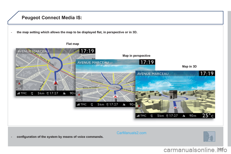Peugeot 308 CC 2011  Owners Manual 195
   
 
-   the map setting which allows the map to be displayed ﬂ at, in perspective or in 3D. 
 
 
   
 
-   conﬁ guration of the system by means of voice commands. 
 
 
    
Map in 3D 
     
