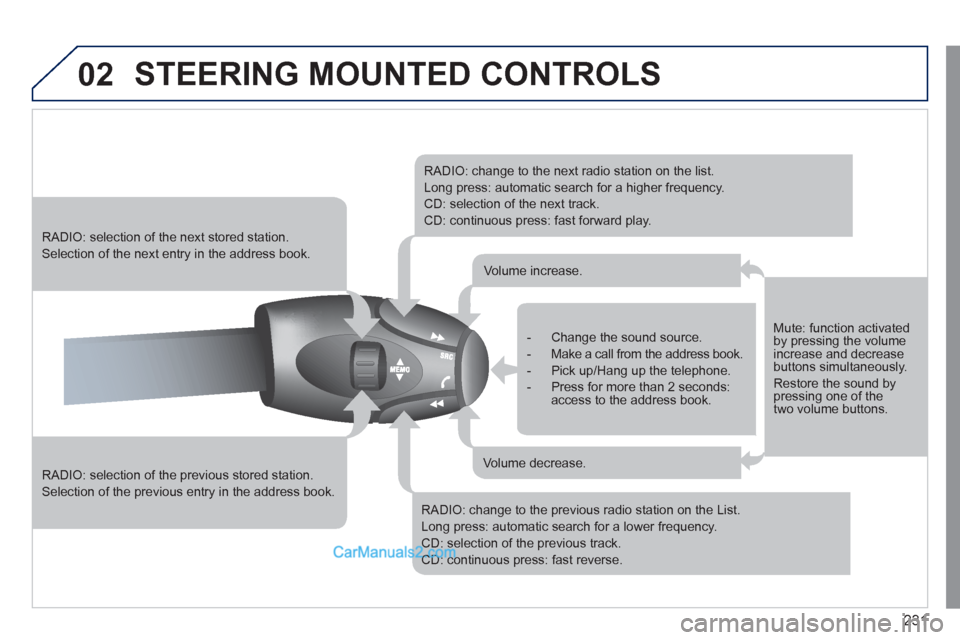 Peugeot 308 CC 2011  Owners Manual 231
02  STEERING MOUNTED CONTROLS 
 
 
RADIO: selection of the previous stored station. 
  Selection of the previous entry in the address book.      
 
RADIO: selection of the next stored station. 
  