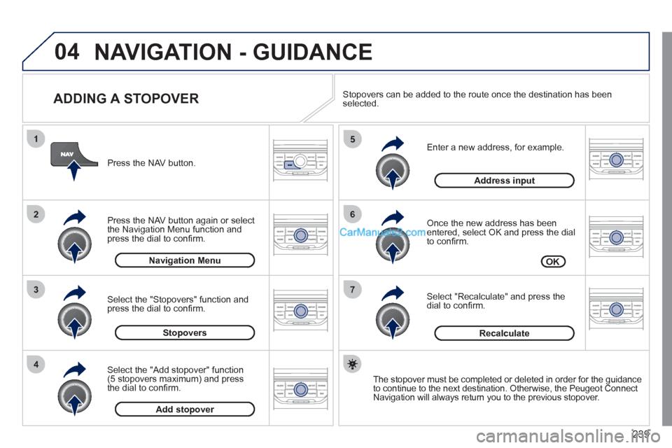 Peugeot 308 CC 2011  Owners Manual 239
04
7
6
5
4
3
2
1
   
ADDING A STOPOVER 
 
 
Enter a new address, for example. 
   
Once the new address has been 
entered, select OK and press the dial 
to conﬁ rm. 
   
Select "Recalculate" and