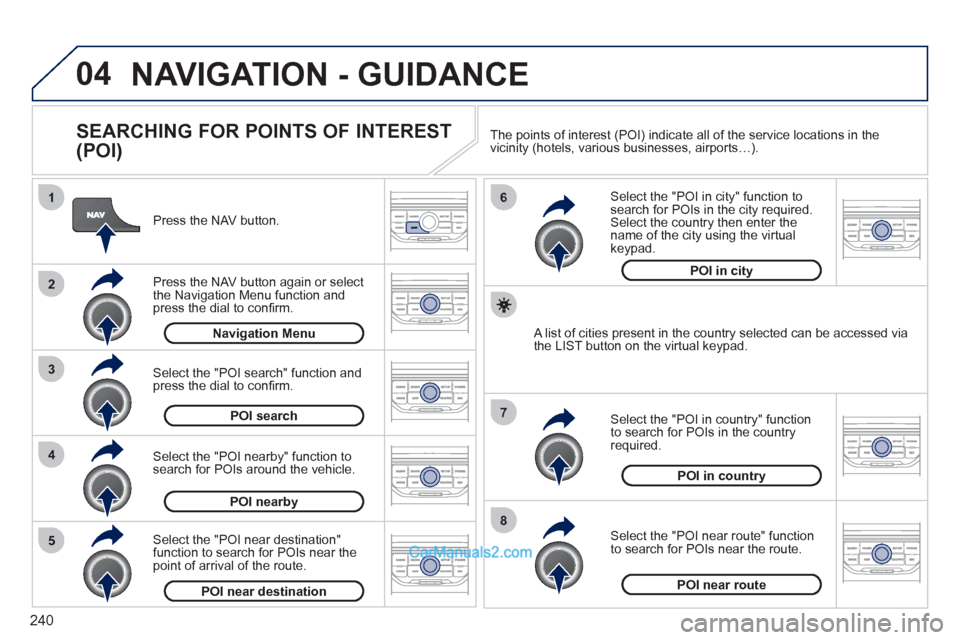 Peugeot 308 CC 2011  Owners Manual 240
04
8
6
7
4
3
5
2
1
  NAVIGATION - GUIDANCE 
 
 
SEARCHING FOR POINTS OF INTEREST 
(POI) 
   
Press the NAV button.  
   
Press the NAV button again or select 
the Navigation Menu function and 
pre