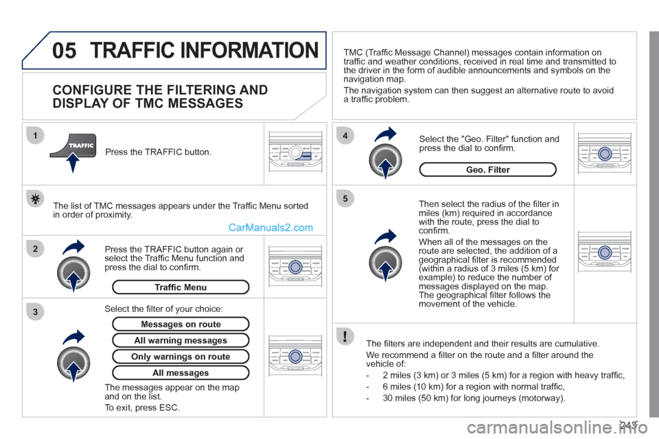 Peugeot 308 CC 2011  Owners Manual 243
05
2 1
3
4
5
 TRAFFIC INFORMATION 
   
 
 
 
 
 
 
 
 
CONFIGURE THE FILTERING AND 
DISPLAY OF TMC MESSAGES 
   
Then select the radius of the ﬁ lter in 
miles (km) required in accordance 
with 