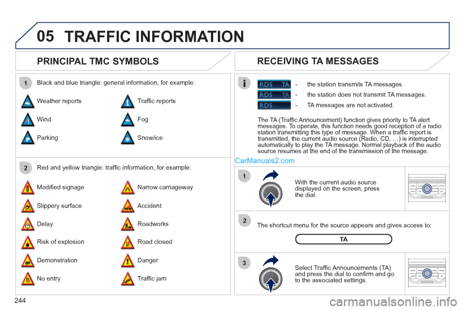 Peugeot 308 CC 2011  Owners Manual 244
05
2 1
3
2 1
   
 
 
 
 
 
PRINCIPAL TMC SYMBOLS 
 
 
With the current audio source 
displayed on the screen, press 
the dial.  
   
The shortcut menu for the source appears and gives access to: 
