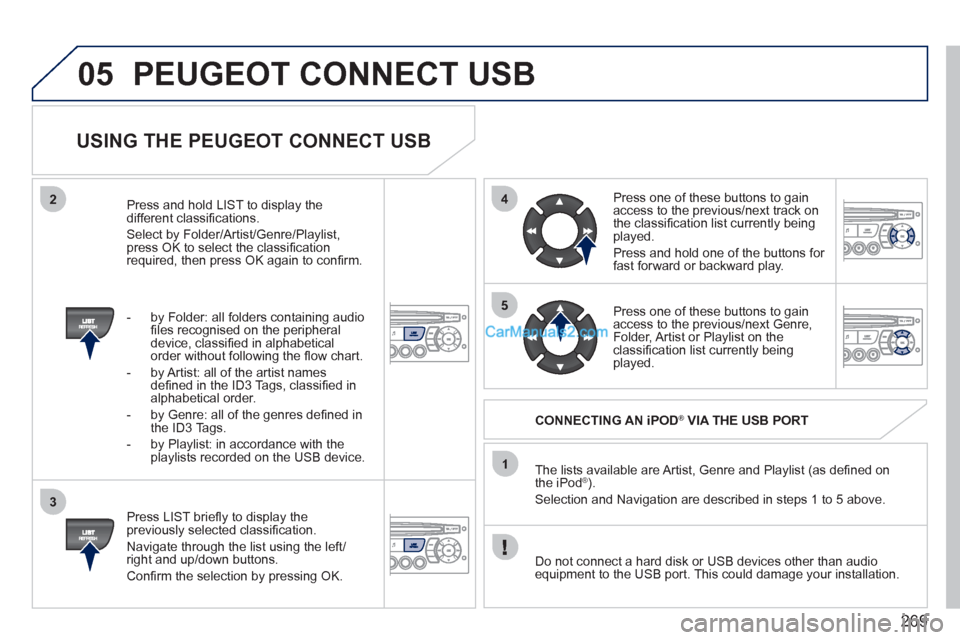 Peugeot 308 CC 2011  Owners Manual 269
05
42
3
1
5
  PEUGEOT CONNECT USB 
 
 
USING THE PEUGEOT CONNECT USB 
 
 
Press LIST brieﬂ y to display the 
previously selected classiﬁ cation. 
  Navigate through the list using the left/
ri
