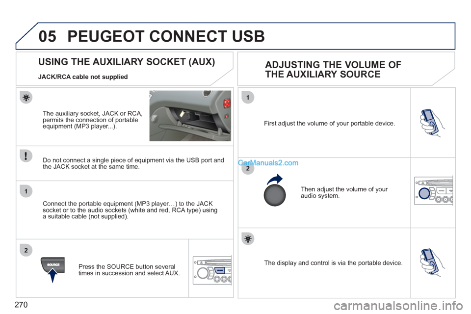 Peugeot 308 CC 2011  Owners Manual 270
05
1
2
1
2
  The display and control is via the portable device.     First adjust the volume of your portable device. 
  Then adjust the volume of your 
audio system. 
   
 
 
 
 
 
 
 
 
 
 
 
US