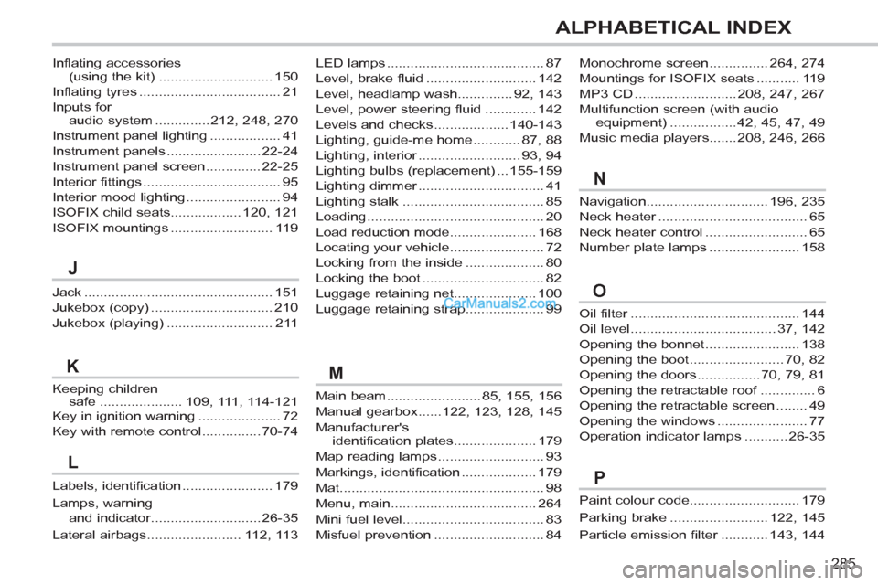 Peugeot 308 CC 2011  Owners Manual 285
ALPHABETICAL INDEX
Oil filter ........................................... 144
Oil level ..................................... 37, 142
Opening the bonnet ........................ 138
Opening the bo