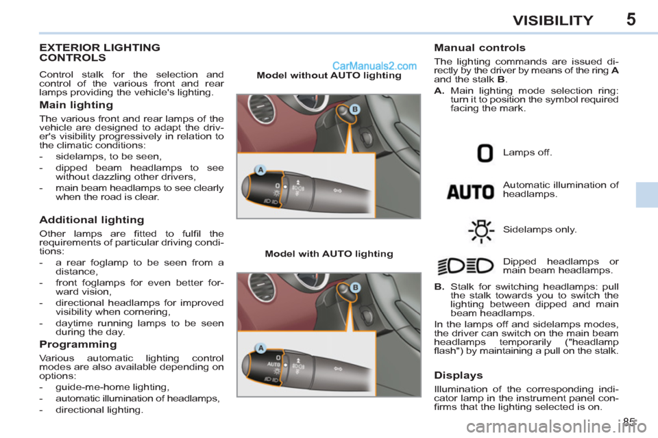 Peugeot 308 CC 2011  Owners Manual 5
85
VISIBILITY
   
 
 
 
 
 
 
 
 
 
 
 
 
 
EXTERIOR LIGHTING 
CONTROLS 
  Control stalk for the selection and
control of the various front and rear 
lamps providing the vehicles lighting. 
   
Mai