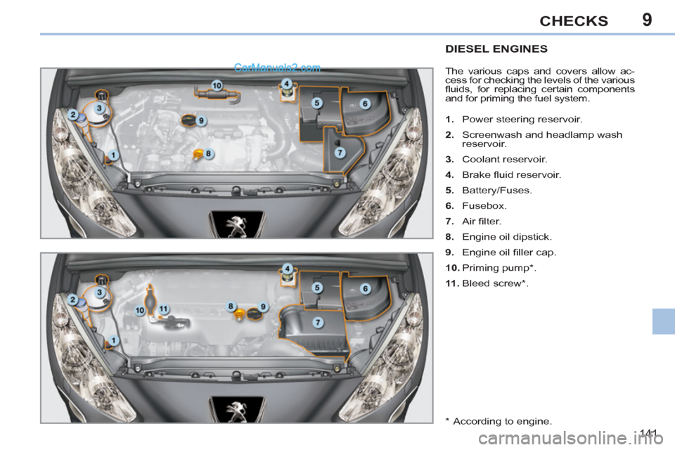 Peugeot 308 CC 2011  Owners Manual - RHD (UK. Australia) 9
141
CHECKS
   
 
 
 
 
 
 
 
 
 
 
 
 
DIESEL ENGINES 
 
The various caps and covers allow ac-
cess for checking the levels of the various 
ﬂ uids, for replacing certain components 
and for primin