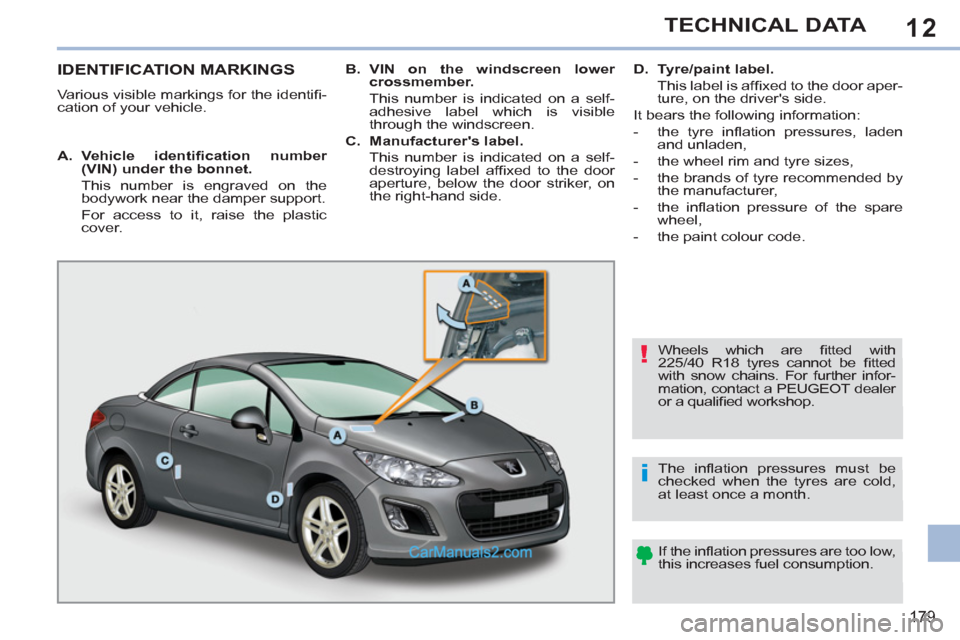 Peugeot 308 CC 2011  Owners Manual - RHD (UK. Australia) 12
!
i
179
TECHNICAL DATA
   
 
 
 
 
 
 
 
 
 
 
 
 
 
 
 
 
 
 
 
 
 
 
 
 
 
IDENTIFICATION MARKINGS 
 
Various visible markings for the identiﬁ -
cation of your vehicle.  
  Wheels which are ﬁ