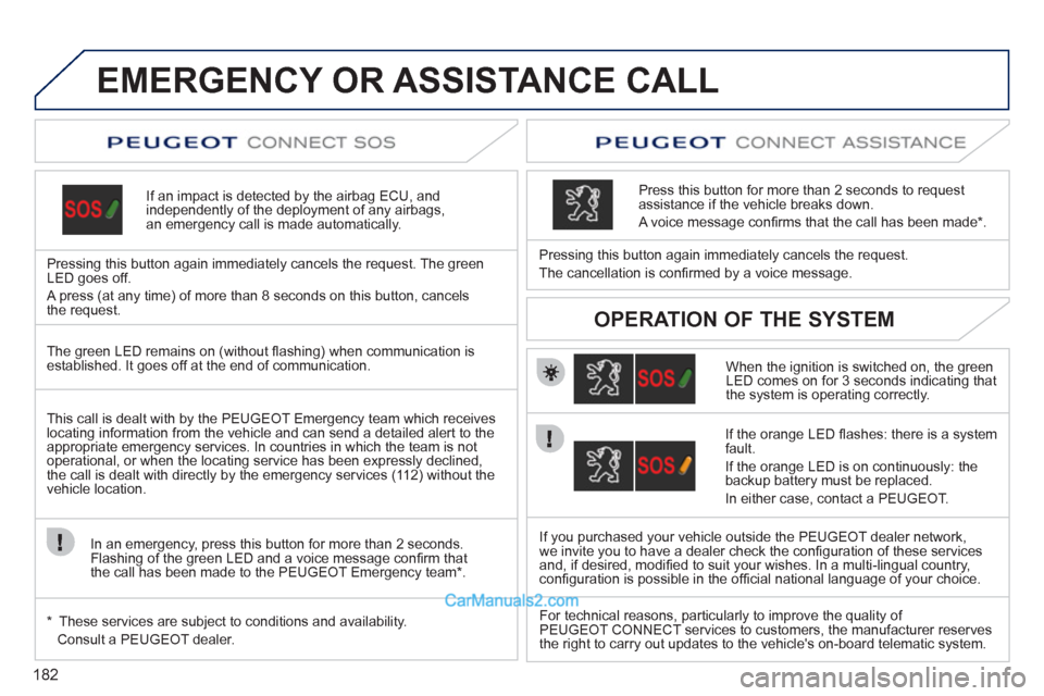Peugeot 308 CC 2011  Owners Manual - RHD (UK. Australia) 182
   
 
 
 
 
 
 
 
 
 
 
 
 
 
EMERGENCY OR ASSISTANCE CALL  
 
 
If an impact is detected by the airbag ECU, and 
independently of the deployment of any airbags, 
an emergency call is made automat