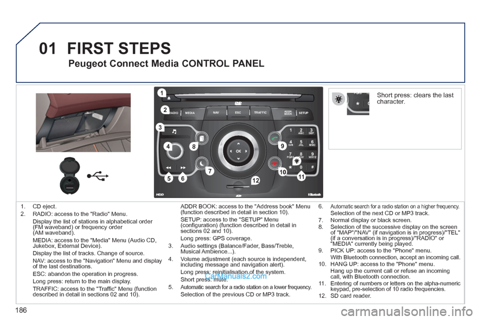 Peugeot 308 CC 2011  Owners Manual - RHD (UK. Australia) 186
01
2ABC3DEF
5JKL4GHI6MNO
8TUV7PQRS9WXYZ
0*#
1
RADIO MEDIANAV ESC TRAFFIC
SETUPADDR
BOOK
1
10
2
3
4
612
9
7
8
115
TU PQRS
0*
   
 
1.  CD eject. 
   
2.   RADIO: access to the "Radio" Menu.  
  Dis