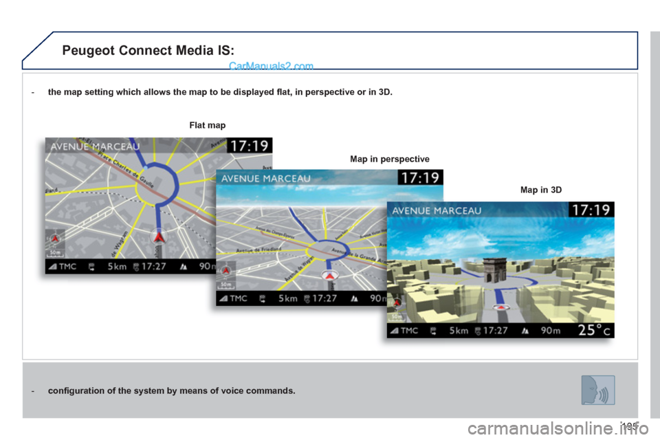 Peugeot 308 CC 2011  Owners Manual - RHD (UK. Australia) 195
   
 
-   the map setting which allows the map to be displayed ﬂ at, in perspective or in 3D. 
 
 
   
 
-   conﬁ guration of the system by means of voice commands. 
 
 
    
Map in 3D 
     
