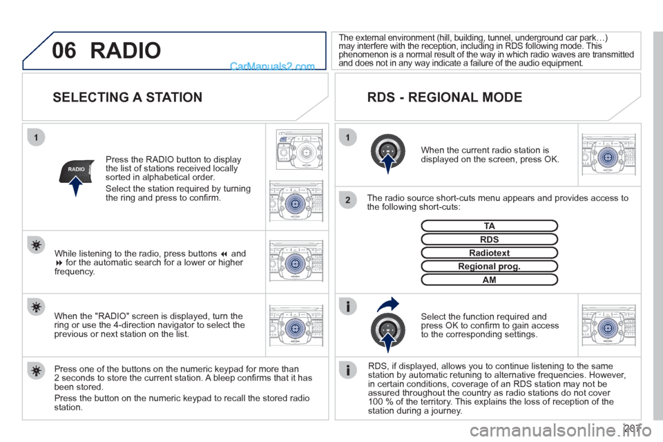 Peugeot 308 CC 2011  Owners Manual - RHD (UK. Australia) 207
06
11
2
NAV ESC TRAFFICRADIOMEDIA
2ABC3DEF5JKL4GHI6MNO8TUV7PQRS9WXYZ0*#
1RADIO MEDIANAV ESC TRAFFIC
SETUPADDR
BOOK
RADIO
2ABC3DEF5JKL4GHI6MNO8TUV7PQRS9WXYZ0*#
1RADIO MEDIANAV ESC TRAFFIC
SETUPADDR