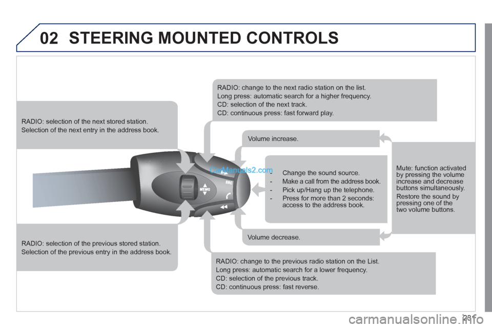 Peugeot 308 CC 2011  Owners Manual - RHD (UK. Australia) 231
02  STEERING MOUNTED CONTROLS 
 
 
RADIO: selection of the previous stored station. 
  Selection of the previous entry in the address book.      
 
RADIO: selection of the next stored station. 
  