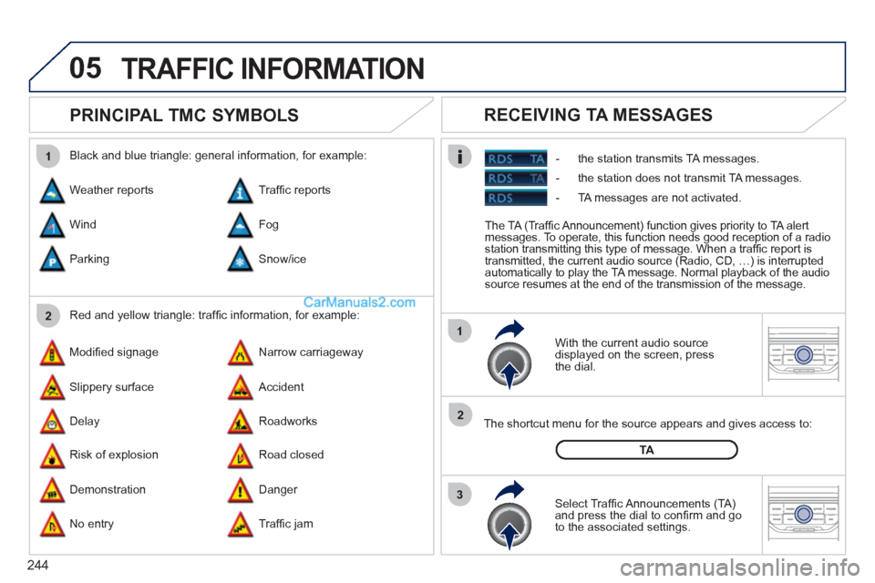 Peugeot 308 CC 2011 Owners Manual - RHD (UK. Australia) 244
05
2 1
3
2 1
PRINCIPAL TMC SYMBOLS
With the current audio source
displayed on the screen, press
the dial.
The shortcut menu for the source appears and gives access to:
Peugeot 308 CC 2011 Owners Manual - RHD (UK. Australia) 244
05
2 1
3
2 1
PRINCIPAL TMC SYMBOLS
With the current audio source
displayed on the screen, press
the dial.
The shortcut menu for the source appears and gives access to: