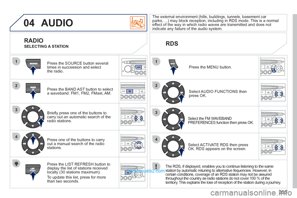Peugeot 308 CC 2011 Owners Manual - RHD (UK. Australia) 265
04
1
2
3
4
1
2
3
4
AUDIO
Press the SOURCE button several
times in succession and select
the radio.
Press the BAND AST button to select
a waveband: FM1, FM2, FMast, AM.
Briefl Peugeot 308 CC 2011 Owners Manual - RHD (UK. Australia) 265
04
1
2
3
4
1
2
3
4
AUDIO
Press the SOURCE button several
times in succession and select
the radio.
Press the BAND AST button to select
a waveband: FM1, FM2, FMast, AM.
Briefl