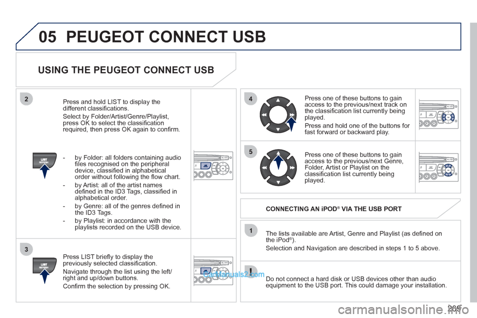Peugeot 308 CC 2011 Owners Manual - RHD (UK. Australia) 269
05
42
3
1
5
PEUGEOT CONNECT USB
USING THE PEUGEOT CONNECT USB
Press LIST briefl y to display the
previously selected classifi cation.
Navigate through the list using the left/
ri Peugeot 308 CC 2011 Owners Manual - RHD (UK. Australia) 269
05
42
3
1
5
PEUGEOT CONNECT USB
USING THE PEUGEOT CONNECT USB
Press LIST briefl y to display the
previously selected classifi cation.
Navigate through the list using the left/
ri