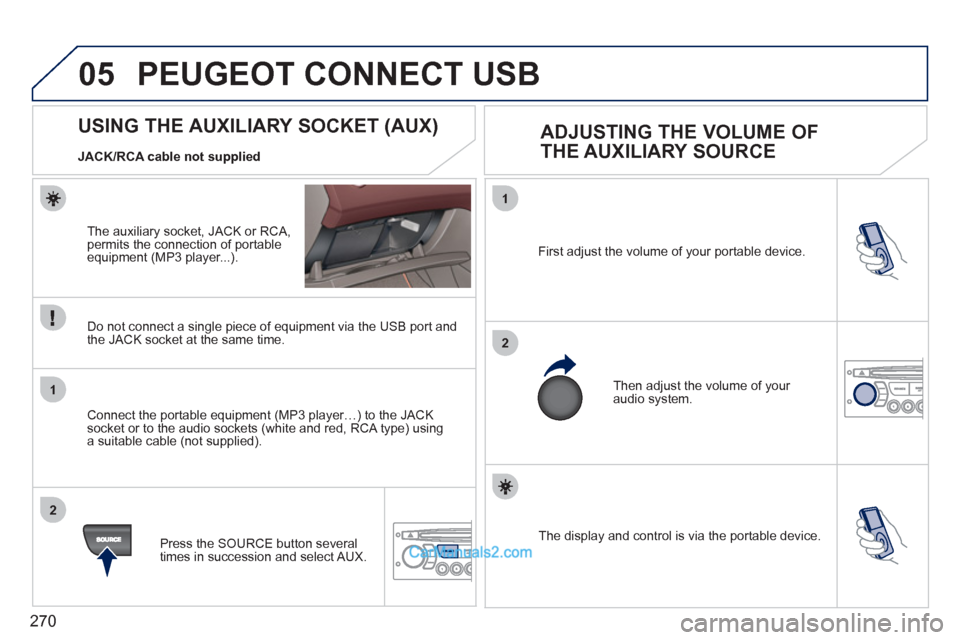 Peugeot 308 CC 2011  Owners Manual - RHD (UK. Australia) 270
05
1
2
1
2
  The display and control is via the portable device.     First adjust the volume of your portable device. 
  Then adjust the volume of your 
audio system. 
   
 
 
 
 
 
 
 
 
 
 
 
US