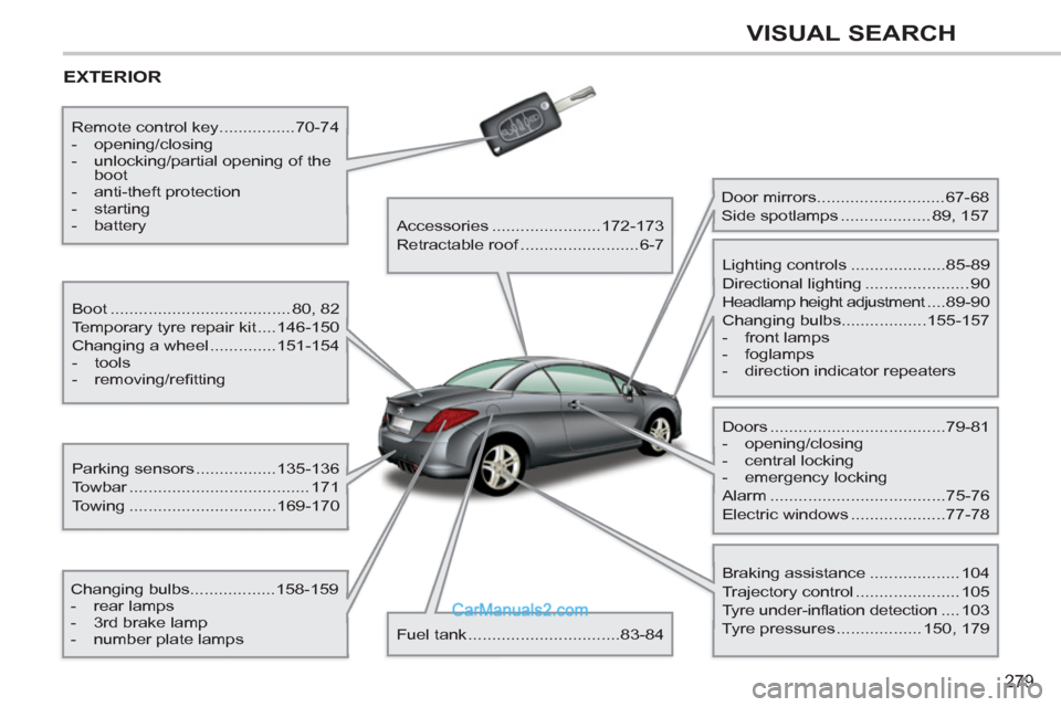 Peugeot 308 CC 2011 Owners Manual - RHD (UK. Australia) 279
VISUAL SEARCH
EXTERIOR
Boot ...................................... 80, 82
Temporary tyre repair kit ....146-150
Changing a wheel ..............151-154
- tools
- removi Peugeot 308 CC 2011 Owners Manual - RHD (UK. Australia) 279
VISUAL SEARCH
EXTERIOR
Boot ...................................... 80, 82
Temporary tyre repair kit ....146-150
Changing a wheel ..............151-154
- tools
- removi