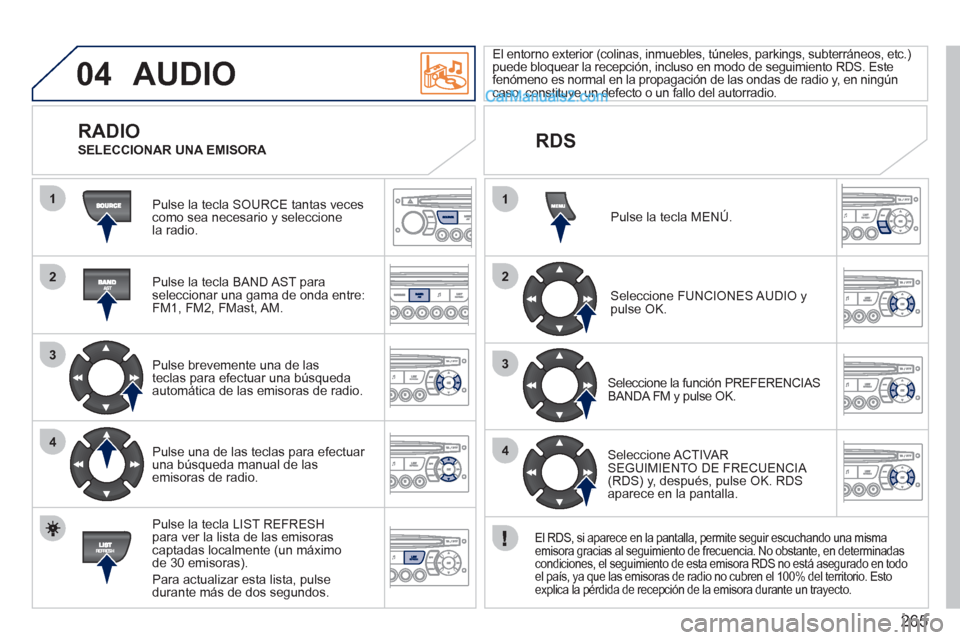 Peugeot 308 CC 2011  Manual del propietario (in Spanish) 265
04
1
2
3
4
1
2
3
4
  AUDIO 
 
Pulse la tecla SOURCE tantas veces 
como sea necesario y seleccione 
la radio.  
   
Pulse la tecla BAND AST para 
seleccionar una gama de onda entre: 
FM1, FM2, FMas