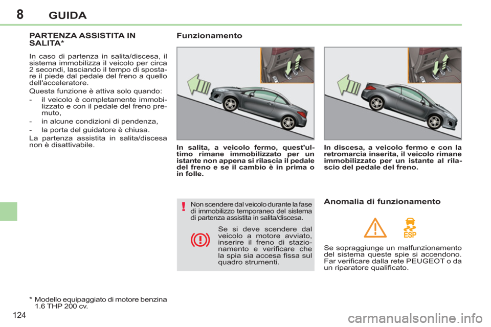 Peugeot 308 CC 2011 Manuale del proprietario (in Italian) 8
!
124
GUIDA
PARTENZA ASSISTITA IN
SALITA *
In caso di partenza in salita/discesa, il
sistema immobilizza il veicolo per circa
2 secondi, lasciando il tempo di sposta-
re il piede da Peugeot 308 CC 2011 Manuale del proprietario (in Italian) 8
!
124
GUIDA
PARTENZA ASSISTITA IN
SALITA *
In caso di partenza in salita/discesa, il
sistema immobilizza il veicolo per circa
2 secondi, lasciando il tempo di sposta-
re il piede da