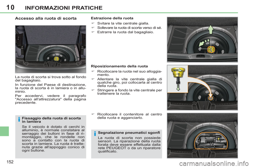 Peugeot 308 CC 2011 Manuale del proprietario (in Italian) 10
i
i
152
INFORMAZIONI PRATICHE
Fissaggio della ruota di scorta
in lamiera
Se il veicolo è dotato di cerchi in
alluminio, è normale constatare al
serraggio dei bulloni in fase di ri-
mont Peugeot 308 CC 2011 Manuale del proprietario (in Italian) 10
i
i
152
INFORMAZIONI PRATICHE
Fissaggio della ruota di scorta
in lamiera
Se il veicolo è dotato di cerchi in
alluminio, è normale constatare al
serraggio dei bulloni in fase di ri-
mont