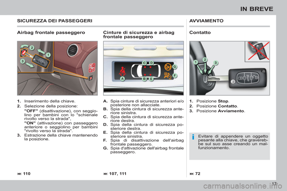 Peugeot 308 CC 2011 Manuale del proprietario (in Italian) i
17
IN BREVE
Airbag frontale passeggero
AVVIAMENTO
1.
Inserimento della chiave.
2.
Selezione della posizione:
"OFF"
(disattivazione), con seggio-
lino per bambini con l Peugeot 308 CC 2011 Manuale del proprietario (in Italian) i
17
IN BREVE
Airbag frontale passeggero
AVVIAMENTO
1.
Inserimento della chiave.
2.
Selezione della posizione:
"OFF"
(disattivazione), con seggio-
lino per bambini con l