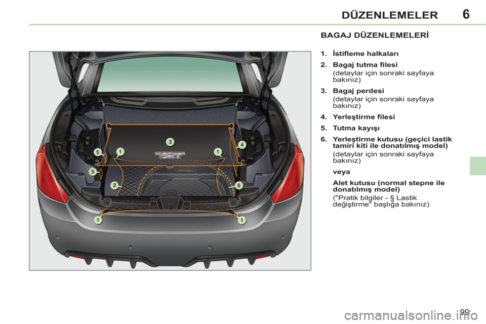 Peugeot 308 CC 2011  Kullanım Kılavuzu (in Turkish) 6
99
DÜZENLEMELER
   
 
 
 
 
 
 
 
 
 
 
 
 
 
BAGAJ DÜZENLEMELERİ 
 
 
 
1. 
  İstiﬂ eme halkaları 
 
   
2. 
  Bagaj tutma ﬁ lesi 
   
  (detaylar için sonraki sayfaya 
bakınız) 
   
3.
