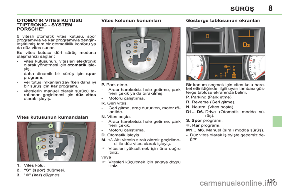 Peugeot 308 CC 2011 Kullanım Kılavuzu (in Turkish) 8
125
SÜRÜŞ
OTOMATIK VITES KUTUSU
"TIPTRONIC - SYSTEM
PORSCHE"
6 vitesli otomatik vites kutusu, spor
programıyla ve kar programıyla zengin-
leştirilmiş tam b Peugeot 308 CC 2011 Kullanım Kılavuzu (in Turkish) 8
125
SÜRÜŞ
OTOMATIK VITES KUTUSU
"TIPTRONIC - SYSTEM
PORSCHE"
6 vitesli otomatik vites kutusu, spor
programıyla ve kar programıyla zengin-
leştirilmiş tam b