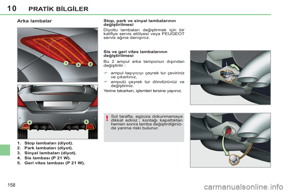 Peugeot 308 CC 2011  Kullanım Kılavuzu (in Turkish) 10
!
158
PRATİK BİLGİLER
 
 
 
 
 
 
 
 
 
 
 
 
 
 
 
 
 
 
 
 
 
 
 
 
 
 
 
 
 
 
 
 
 
Arka lambalar 
 
 
 
1. 
  Stop lambaları (diyot). 
 
   
2. 
  Park lambaları (diyot). 
 
   
3. 
  Sin