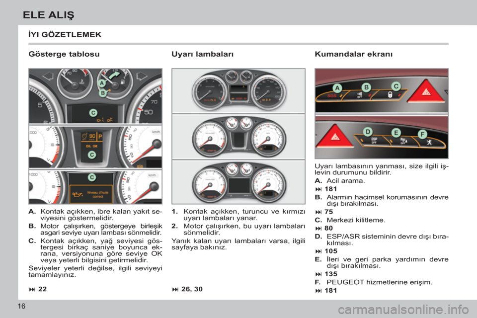 Peugeot 308 CC 2011  Kullanım Kılavuzu (in Turkish) 16
ELE ALIŞ
 
İYI GÖZETLEMEK 
 
 
Gösterge tablosu    
Kumandalar ekranı 
 
 
 
A. 
 Kontak açıkken, ibre kalan yakıt se-
viyesini göstermelidir. 
   
B. 
 
Motor çalışırken, göstergeye 