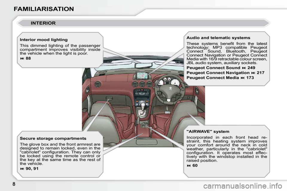 Peugeot 308 CC 2010.5  Owners Manual FAMILIARISATION  Interior mood lighting  
� �T�h�i�s�  �d�i�m�m�e�d�  �l�i�g�h�t�i�n�g�  �o�f�  �t�h�e�  �p�a�s�s�e�n�g�e�r�  
�c�o�m�p�a�r�t�m�e�n�t�  �i�m�p�r�o�v�e�s�  �v�i�s�i�b�i�l�i�t�y�  �i�n�s