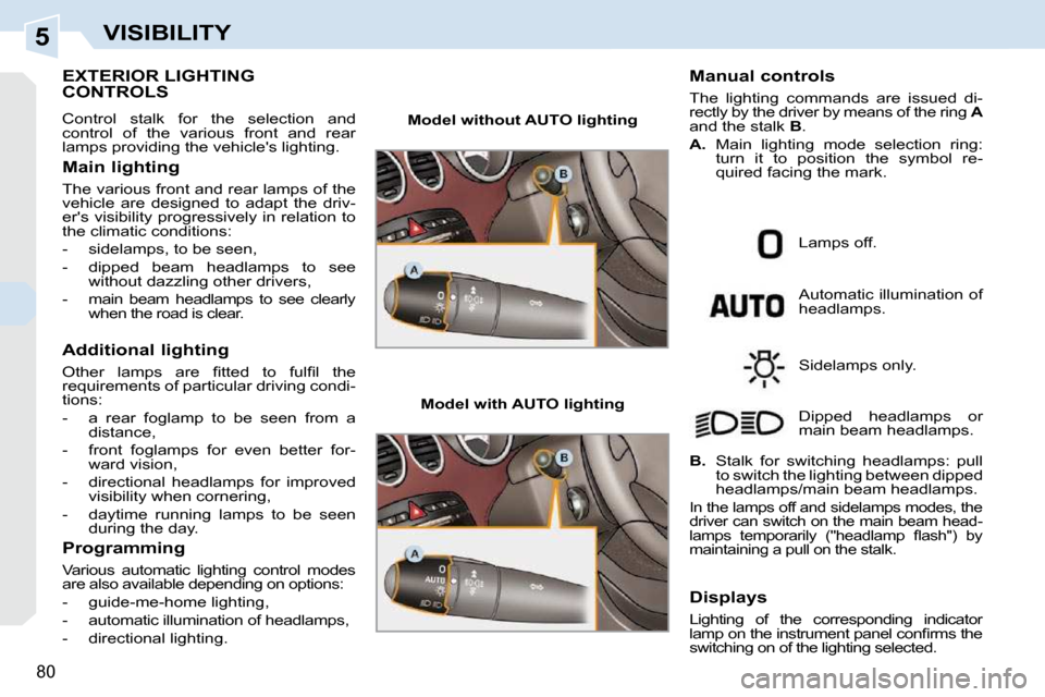 Peugeot 308 CC 2010.5  Owners Manual 5
80
VISIBILITY
EXTERIOR LIGHTING CONTROLS 
� �C�o�n�t�r�o�l�  �s�t�a�l�k�  �f�o�r�  �t�h�e�  �s�e�l�e�c�t�i�o�n�  �a�n�d 
�c�o�n�t�r�o�l�  �o�f�  �t�h�e�  �v�a�r�i�o�u�s�  �f�r�o�n�t�  �a�n�d�  �r�e�