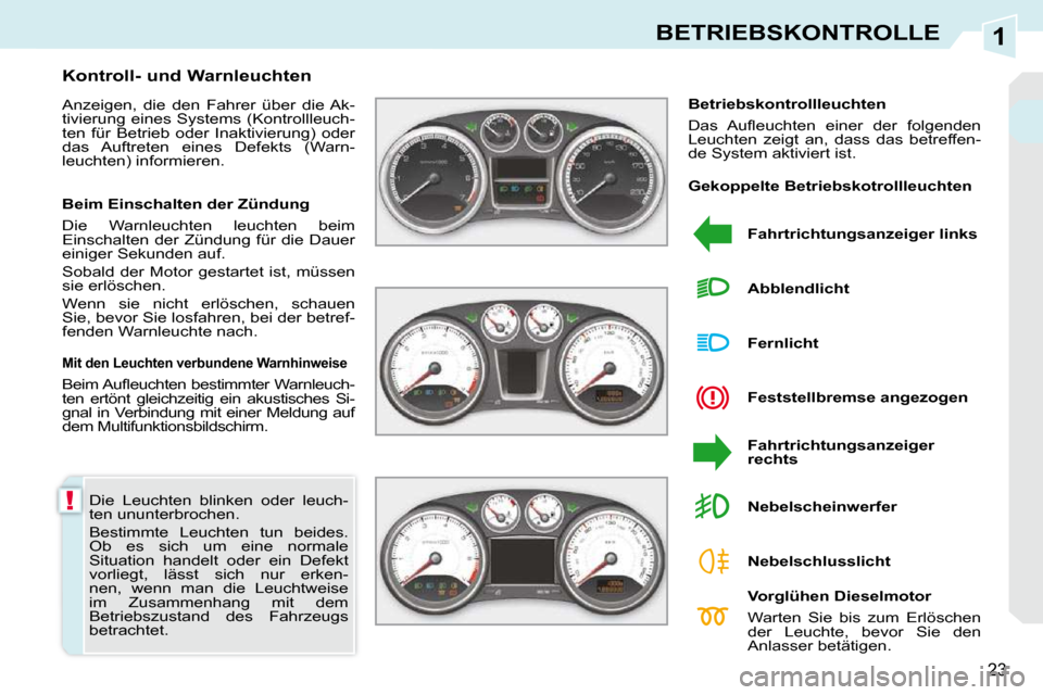 Peugeot 308 CC 2010.5  Betriebsanleitung (in German) 1
!
23
BETRIEBSKONTROLLE
 Die  Leuchten  blinken  oder  leuch- 
ten ununterbrochen.  
 Bestimmte  Leuchten  tun  beides.  
Ob  es  sich  um  eine  normale 
Situation  handelt  oder  ein  Defekt 
vorli