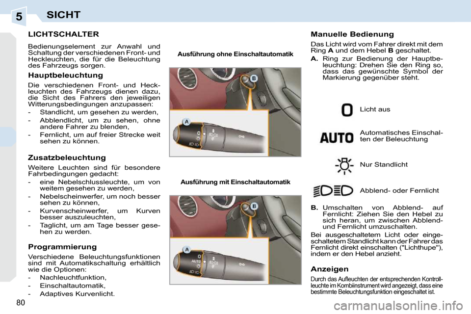 Peugeot 308 CC 2010.5 Betriebsanleitung (in German) 5
80
SICHT
LICHTSCHALTER
Bedienungselement zur Anwahl und
Schaltung der verschiedenen Front- und
Heckleuchten, die für die Beleuchtung
des Fahrzeugs sorgen.
Hauptbeleuchtung
Die Peugeot 308 CC 2010.5 Betriebsanleitung (in German) 5
80
SICHT
LICHTSCHALTER
Bedienungselement zur Anwahl und
Schaltung der verschiedenen Front- und
Heckleuchten, die für die Beleuchtung
des Fahrzeugs sorgen.
Hauptbeleuchtung
Die