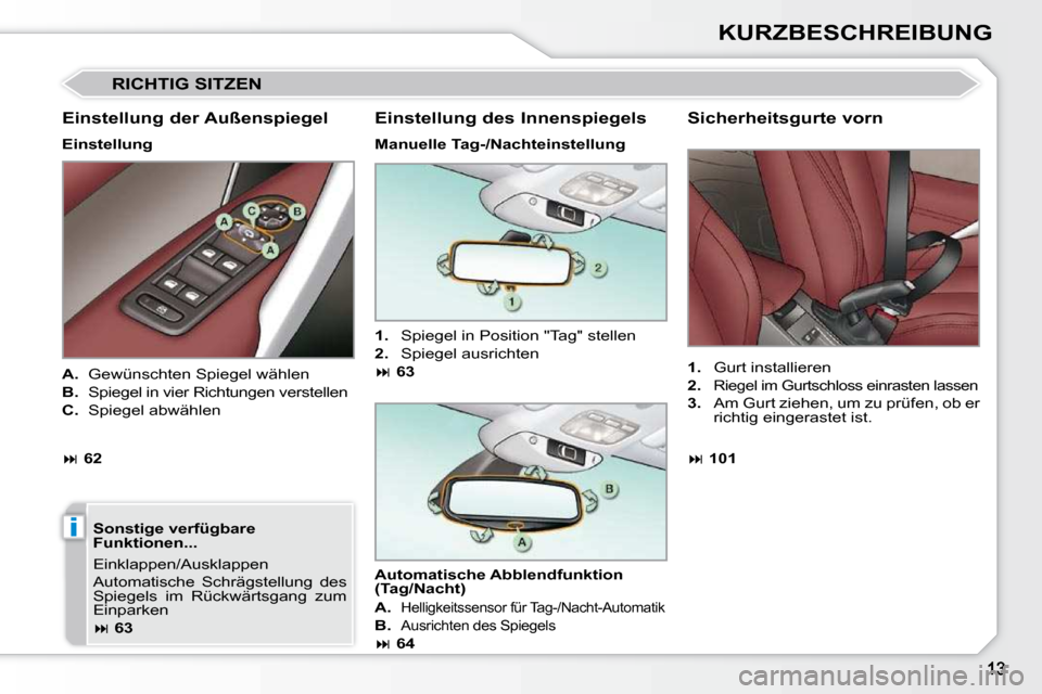 Peugeot 308 CC 2010.5  Betriebsanleitung (in German) i
KURZBESCHREIBUNG
 RICHTIG SITZEN 
  Einstellung der Außenspiegel  
  Einstellung    Sonstige verfügbare  
Funktionen...  
 Einklappen/Ausklappen  
 Automatische  Schrägstellung  des  
Spiegels  i
