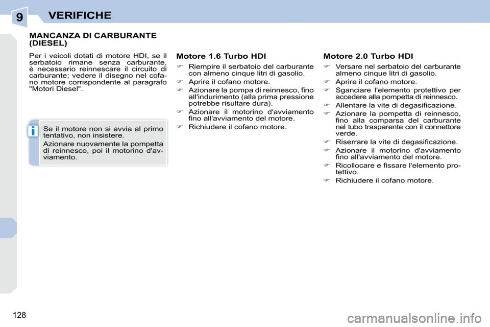Peugeot 308 CC 2010.5  Manuale del proprietario (in Italian) 9
i
128
VERIFICHE
MANCANZA DI CARBURANTE (DIESEL) 
� �P�e�r�  �i�  �v�e�i�c�o�l�i�  �d�o�t�a�t�i�  �d�i�  �m�o�t�o�r�e�  �H�D�I�,�  �s�e�  �i�l�  
�s�e�r�b�a�t�o�i�o�  �r�i�m�a�n�e�  �s�e�n�z�a�  �c�a